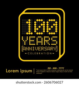 100th years anniversary celebration emblem. yellow anniversary logo isolated medal badge of digital dotted with letters, numbers on black background. vector illustration template design 