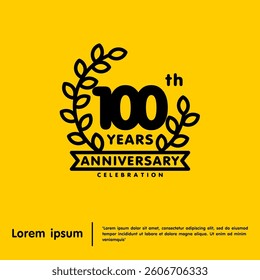100th years anniversary celebration emblem. anniversary logo isolated with laurel wreath and ribbon on yellow background. vector illustration template design for web, flyers, poster, greeting card