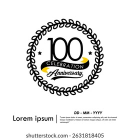 100th years anniversary celebration emblem. congratulation anniversary logo medal isolated with laurel wreath and ribbon on white background. vector illustration template design