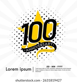100th years anniversary celebration emblem. congratulations anniversary logo isolated with ribbon and star on white background. vector illustration template design for web, flyers, poster, greeting 