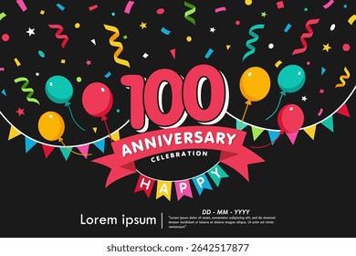 emblema de celebração de aniversário de 100 anos. parabéns logotipo de aniversário isolado com confete colorido, bandeira de bunting, balões e fita. design de modelo de ilustração vetorial para web banner