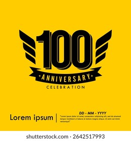 100th years anniversary celebration emblem. congratulations anniversary logo isolated with ribbon and wing on yellow background. vector illustration template design for web, flyers, poster, greeting