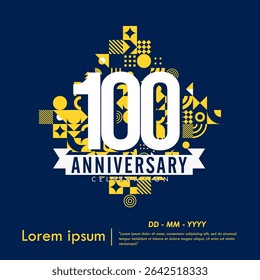 100th years anniversary celebration emblem. congratulations anniversary logo isolated with ribbon and fireworks sparkle on blue background. vector illustration template design for web banner