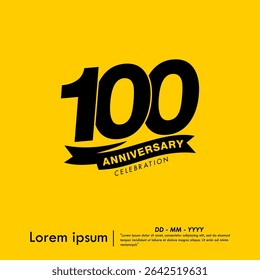 100th years anniversary celebration emblem. congratulations anniversary logo isolated with ribbon on yellow background. vector illustration template design for web, flyers, poster, greeting card