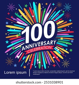 100th years anniversary celebration logo isolated with ribbon, stars and fireworks sparkle twinkle. vector illustration template design for web, flyers, poster, invitation card or greeting card