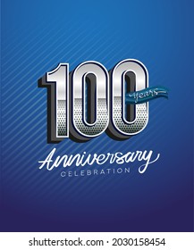 100th years anniversary celebration logotype with silver color and blue ribbon isolated on blue background