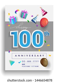 100th Years Anniversary Invitation Design, With Gift Box And Balloons, Ribbon, Colorful Vector Template Elements For Birthday Celebration Party.