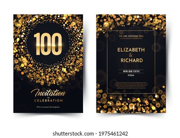 100th years birthday vector black paper luxury invitation double card. One hundred years wedding anniversary celebration brochure. Template of invitational for print dark background with bokeh lights