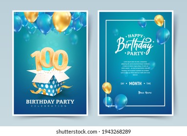 
100th years birthday vector invitation double card. One hundred
years wedding anniversary celebration brochure. Template of invitational for print on blue background