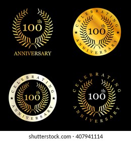 100th Years Celebrating Anniversary golden laurel wreath. Set of Golden Anniversary Signs Badges