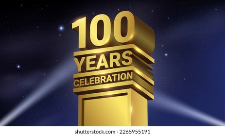 100th Years Celebration, 3D Gold Statue with Spotlights, Luxury Hollywood Light, Vector Illustration