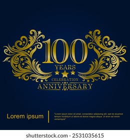 100th years elegant golden anniversary celebration emblem logo with brush-strokes rounded by ornate swirls and flourishes. vector illustration template design for web, flyers, poster, greeting