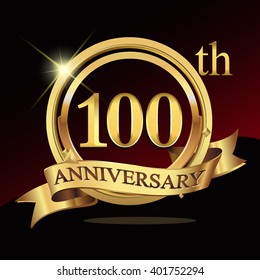 100th years golden anniversary logo celebration with ring and ribbon. Vector template elements for your birthday party.