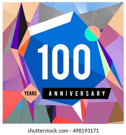 100th years greeting card anniversary with colorful number and frame. logo and icon with Memphis style cover and design template