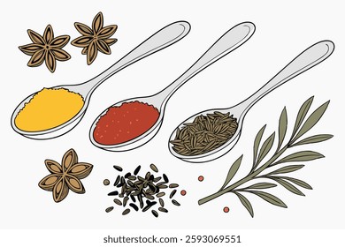 101 Colorful spices, Assorted herbs, Silver spoons, White background, Overhead view, Culinary ingredients, Vibrant powders, Dried herbs, Aromatic seasonings, Food photography, Turmeric, Paprika, Peppe