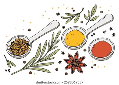 101 Colorful spices, Assorted herbs, Silver spoons, White background, Overhead view, Culinary ingredients, Vibrant powders, Dried herbs, Aromatic seasonings, Food photography, Turmeric, Paprika, Peppe