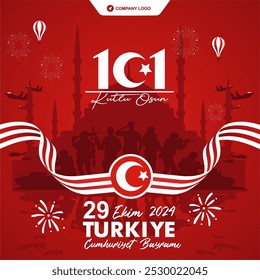 101 Kutlu Olsun Turkiye Cumhuriyet Bayramı 2024. Translation : Happy 101th Anniversary of Turki Republic Day. Turkey Independence Day 2024  Background with Military Power, Hagia Sophia and 101 Logo.