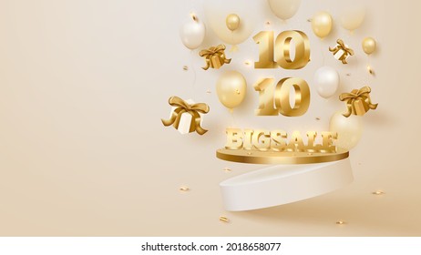 10.10, Big Sale Day Background, Podium With Gift Box And Balloons, Golden Ribbon. Luxury Concept. 3d Vector Illustration.