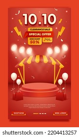 10.10 Clearance sale social media poster template with podium and flying balloons, background with spotlight