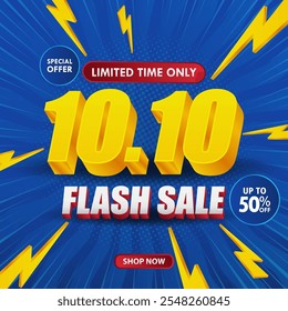 10.10 Flash Sale Banner Promotion Design. Special offer banner on blue background for online shop, coupon, voucher, web, social media post. Discounts up to 50% Discount.