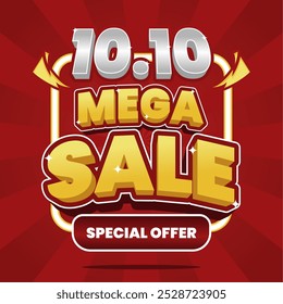 10.10 Mega Sale banner with bold 3D text on a vibrant red background. Featuring 'Special Offer' and eye-catching elements, perfect for promoting your big discount event.