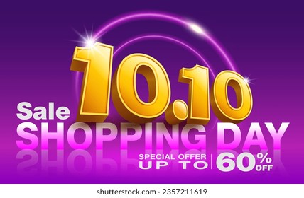 10.10 sale banner or poster template with 3d text number 10 on pink purple background and neon led lights. Promotional campaign design for advertising purposes. online shopping on social media.