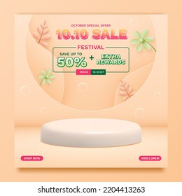 10.10 sale social media banner template with podium and nature background concept