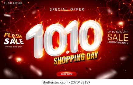 10.10 Shopping Day flash sale banner design template for hot sale campaign. 10.10 3D Number with burning flame. For social media and website. Special Offer Sale 50% Off campaign or promotion. Vector.