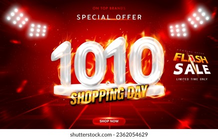 10.10 Shopping Day hot sale banner design template with burning flame.Hot sale event on the stage of the spotlight LED. 10.10 3D Number with burning flame. Special Offer Hot Sale campaign.Vector EPS10