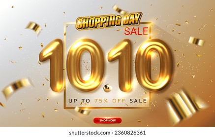 10.10 shopping day Sale Banner with 3D golden metallic symbolic design and glitter gold confetti. 10 October sales banner template design for social media and website. Golden 3D numbers on box. Vector