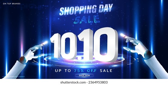 10.10 Shopping Day Sale on Futuristic Technology Poster or Banner. 3d futuristic neon gadget sale ad template. 10 October sales banner template for social media, website. Digital online. Vector EPS10.