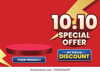 10.10 Special Offer sale banner with a red background, featuring a product display stage, lightning accents, and a ‘Get Special Discount’ button.