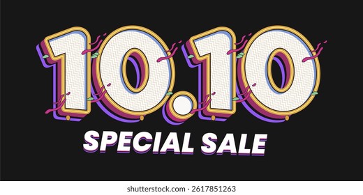 10.10 Special Sale Banner Design in Retro Pop Art Style with Colorful 3D Numbers on Black Background. Perfect for ecommerce events or social media advertisements.