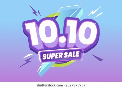 10.10 Promoção Super Sale com texto 3D em negrito, realçado com elementos de relâmpago dinâmico em um plano de fundo azul a roxo com gradiente elegante. Ideal para eventos especiais de desconto.