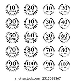 10-100 anniversary laurel wreath. Celebration and congratulation design template. Vector congratulation design template.