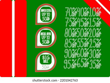 10%, 15%, 20%, 25%, 30%, 40%, 50%, 60%, 70%, 80%, 90% de descuento. Etiquetas de venta conjunto plantilla de insignias vectoriales. Señal de precio de oferta de venta. Símbolo de oferta especial. Promoción de descuento. Forma de identificador de descuento. Diseño de vectores