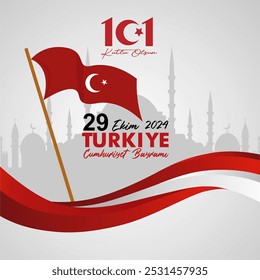 101st Anniversary Turkey Independence Day 2024 Background with Flag, 101 Logo and Hagia Sophia Illustration. Turkiye Cumhuriyet Bayramı 2024 Means Turkiye Republic Day 2024. Vector Illustration