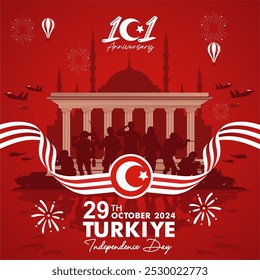 Fondo del 101 aniversario del Día de la Independencia de Turquía con el logotipo 101, el poder militar y Santa Sofía, diseño del monumento de Anitkabir. Turkiye Cumhuriyet Bayramı 2024 Significa La Independencia De Turquía 2024. 