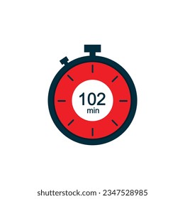 102 minutes, 102 min stopwatch vector icon. Stopwatch icon in flat style on a white background. Vector.