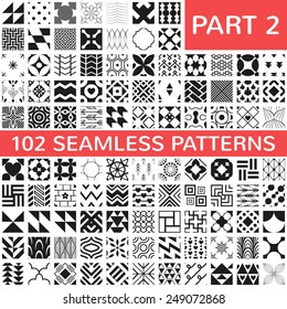 102 Universal different vector seamless patterns (tiling). Endless texture can be used for wallpaper, pattern fills, web page background,surface textures. Set of monochrome geometric ornaments.