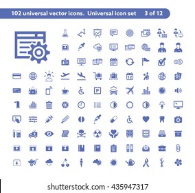 102 universal vector icons. The icon set includes Research and Development, Travel, Health, Gardening symbols