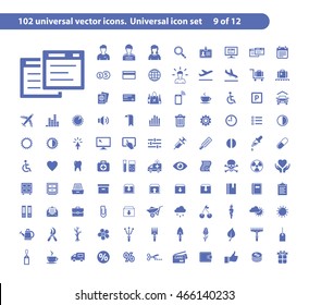 102 universal vector icons. The icon set includes User and Office, Sound and Settings, Box and Furniture, Gardening symbols