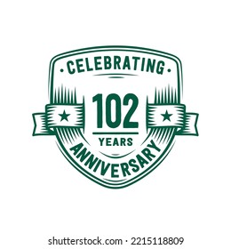 102 years anniversary celebration shield design template. 102nd anniversary logo. Vector and illustration. svg