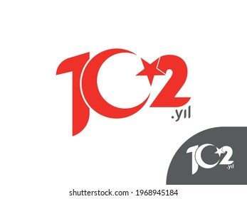 102 years logo. 102-year-old red Turkish flag vector illustration. Important day, holiday and memorial message message. In its 102nd year. svg