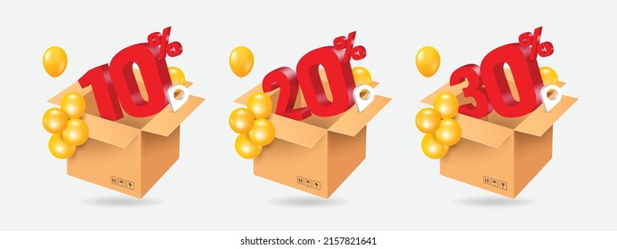 10%,20%,30% discount text, red in parcel box and there are yellow balloons all around,vector 3d isolated on white background for delivery promotion advertising design