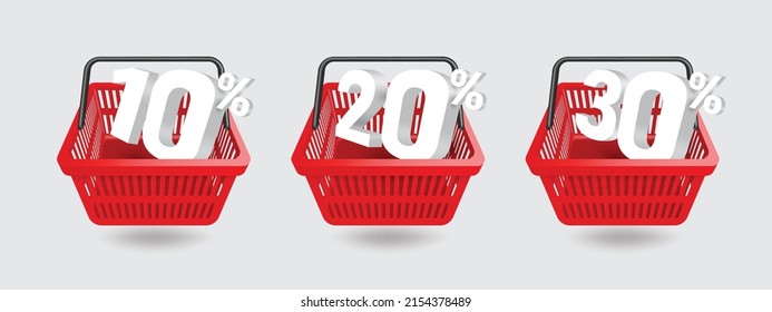 10%,20%,30% discount text, white in red shopping basket,vector 3d virtual isolated on white background for shopping promotion advertising concept design.