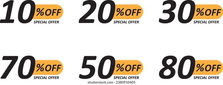 10,20,30,70,50 percent off, Special offer discount label with different sale percentage, social media post, banner , tamplet vector illustration.