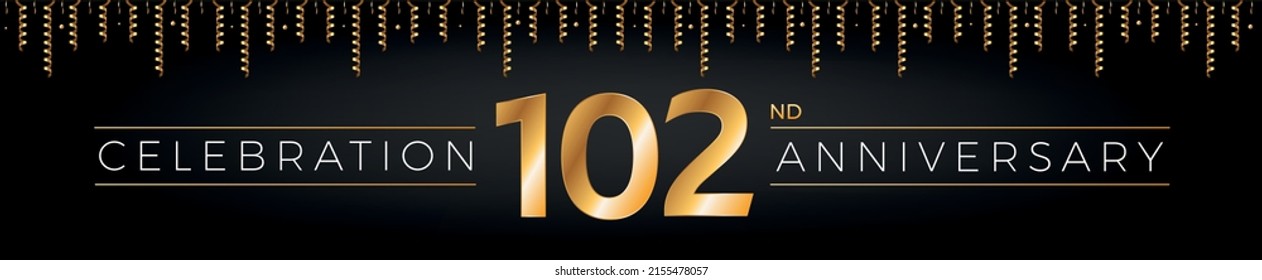 102nd anniversary. One hundred two years birthday celebration horizontal banner with bright golden color. svg