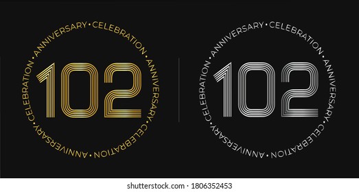 102th birthday. One hundred and two years anniversary celebration banner in golden and silver colors. Circular logo with original numbers design in elegant lines.