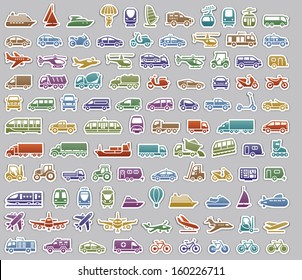 104 Transport icons set retro stickers, vector illustrations, color silhouettes isolated on gray background